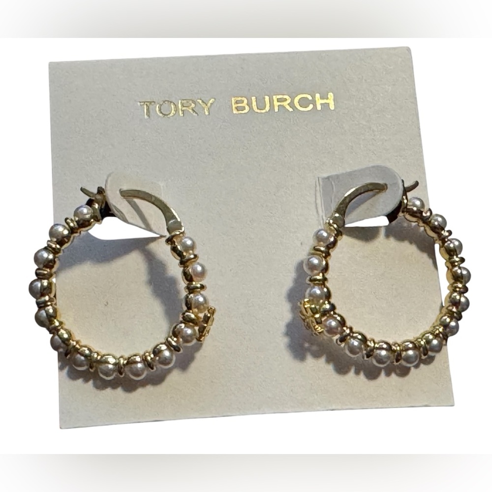 Tory Burch Gold and White Pearl Embellished Earrings